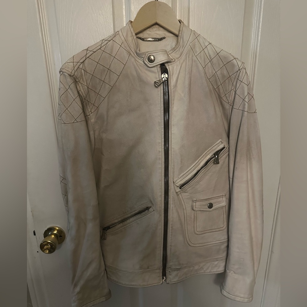 Dolce & Gabbana White Distressed Leather Biker Jacket